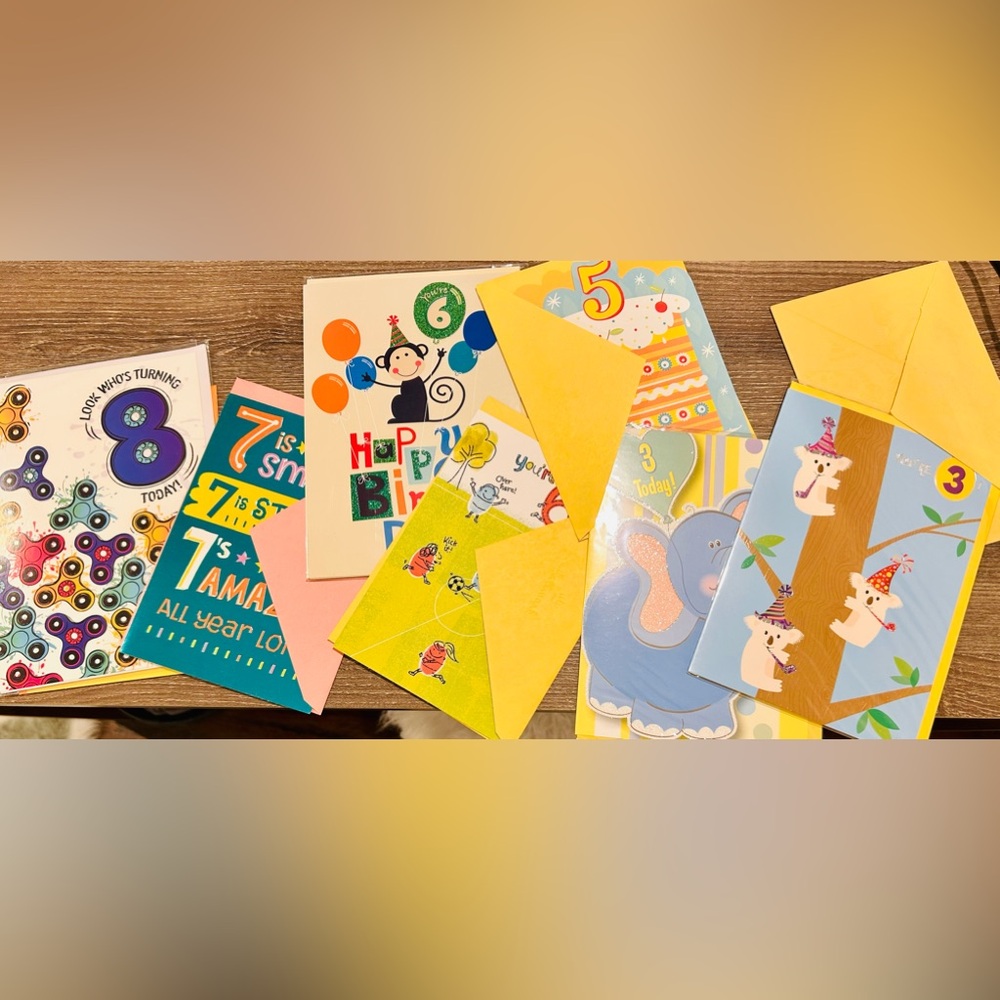 Brand new Birthday cards with ages (ranges from 3-8) for boys or girls